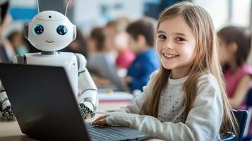 Young Girl Learning With A Friendly Robot Companion photo