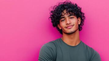Young Man with Curly Hair Against Pink Background photo