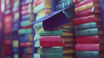 Graduation cap rests atop a stack of books photo