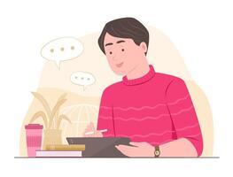 Freelance Man Doing Online Working and Chatting on Tablet for Remote Working Concept Illustration vector