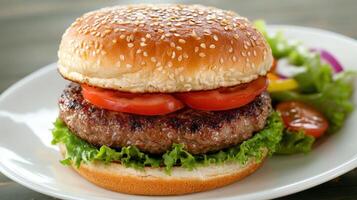Delicious Sesame Seed Burger with Fresh Tomato and Lettuce photo