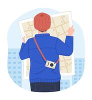 Back View of Traveler Man Looking at Map for Finding the Travel Destination Location for Travel Concept Illustration vector