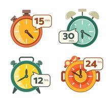 Set of Colorful Clocks with Time Number for Cute Graphic Design Element Concept Clip Art vector