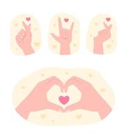 Set of Hands Showing Different Love Gestures with Mini Hearts for Sign Language and Valentine's Day Concept Illustration vector
