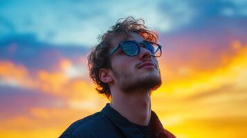 Young Man Contemplating Sunset Sky photo