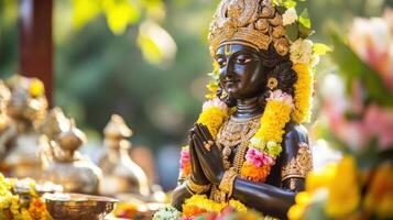 Adorned Black Krishna Statue In Prayer Pose photo