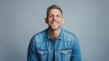 Happy man smiling wearing a denim jacket photo