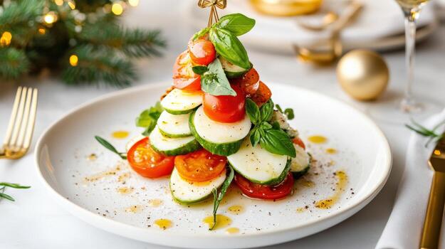 Festive Cucumber Tomato Salad Shaped Like A Christmas Tree photo