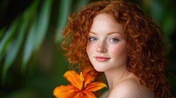 Redhead woman with freckles near orange flower photo