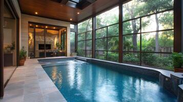 Indoor Pool Encased In Glass With A View Of Lush Greenery photo