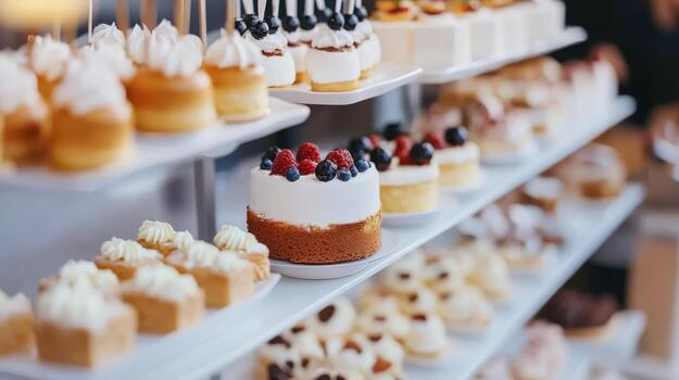 Delicious Assorted Cakes And Pastries Displayed On Shelves photo