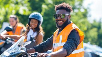 Happy Man Learning To Ride A Motorcycle photo