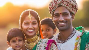Happy Indian Family Portrait Outdoors Golden Hour photo