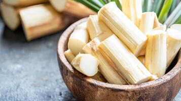 Fresh heart of palm pieces in a wooden bowl photo