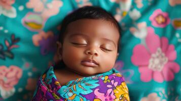 Peaceful Baby Sleeping Soundly Wrapped In Floral Fabric photo