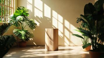 Wooden pedestal stands among potted plants in sunlit room photo