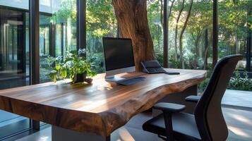 Modern Wooden Desk With Computer Near Large Window photo