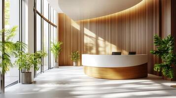 Modern Office Reception Area With Wooden Walls And Plants photo