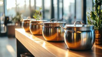 Stainless Steel Pots On Wooden Countertop In Sunlight photo