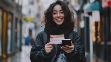 Happy Woman Holding Credit Card and Phone in City photo