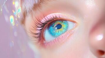 A Close Up Of A Sparkling Eye With Pink Makeup photo