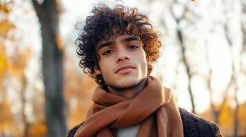 Young Man with Curly Hair Wearing a Scarf Outdoors photo
