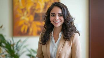 Smiling Young Businesswoman Portrait Indoor Setting photo