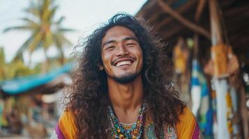 Happy Longhaired Man Smiling Outdoors Near Tropical Setting photo