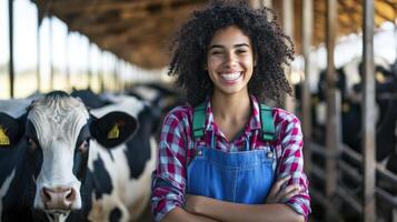 Young Woman Farmer Smiling Among Dairy Cows photo