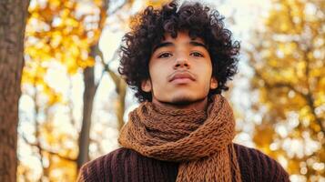 Young Man Autumn Portrait Curly Hair Brown Scarf photo