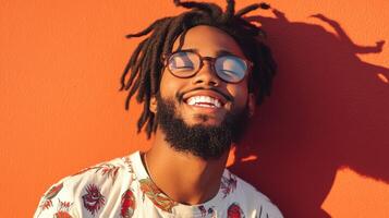 Happy Man With Dreadlocks Smiling Against Orange Wall photo
