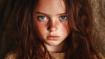 A Freckled Girl With Long Red Hair Gazes Directly Ahead photo