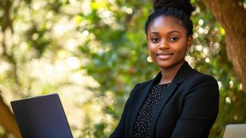 Young Black Woman Working Outdoors With Laptop photo