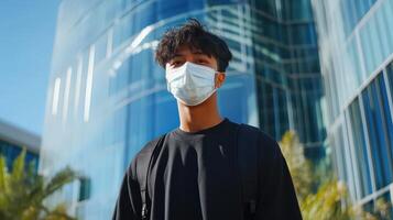 Young Man Wearing A Mask Outside Modern Building photo