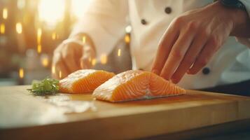 Chef preparing fresh salmon fillets for a meal photo