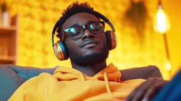 Young Man Relaxed Listening to Music with Headphones photo
