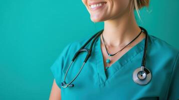 Smiling female doctor wearing teal scrubs and stethoscope photo