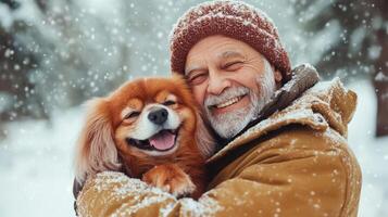 Happy senior man hugs his dog in the snow photo