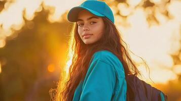 Young Woman With Long Hair Wearing A Blue Cap And Jacket photo