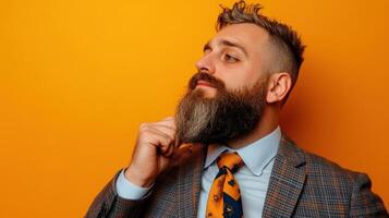 Bearded Man in Suit Strokes His Beard Against Orange Background photo
