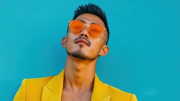 Stylish Man Posing in Yellow Jacket and Orange Sunglasses photo