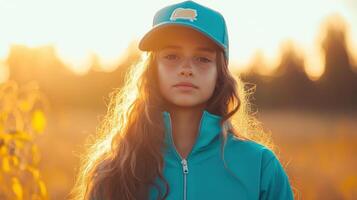 Girl with long hair wearing a teal jacket and cap photo