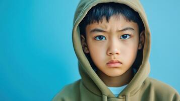 Young Boy Wearing A Hooded Sweatshirt Looks Serious photo