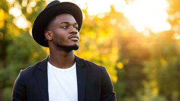 Young Man Contemplating Outdoors Wearing A Hat photo