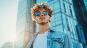 Young Man Stylish Sunglasses Urban Setting photo