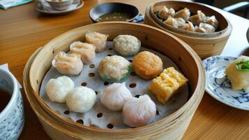 Assorted Dim Sum Steaming In Bamboo Baskets photo