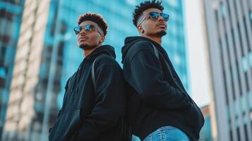 Two Men Wearing Hoodies and Sunglasses Stand Back To Back photo