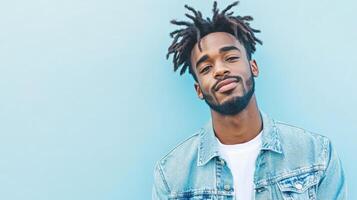 A young man with dreadlocks is smiling and looking up photo