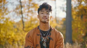 Young Man Posing Outdoors in Autumnal Setting photo