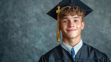 Happy graduate wearing a black cap and gown photo